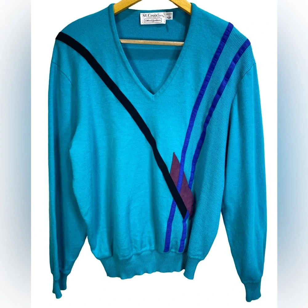 Vintage St.‎ Croix Knits Wool V-Neck Sweater | Suede Geometric | USA | L